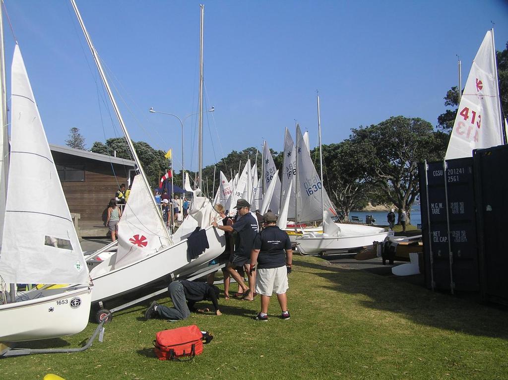 There were 69 sunbursts in the fleet for the 2014 Nationals. Here rigging in front of the clubhouse. - Sunburst 50th Celebrations and 2014 Nationals © Nigel Price